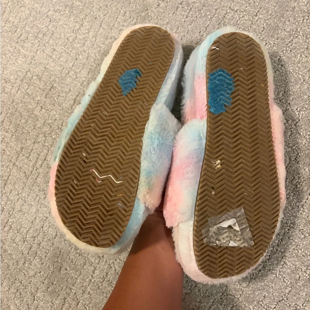 Steve Madden Multicolor Pastel or “Fabfuzz” Faux Fur Slides